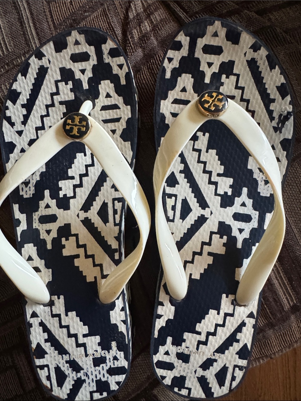 Tory Burch Navy & Cream Geometric Logo Flip Flops